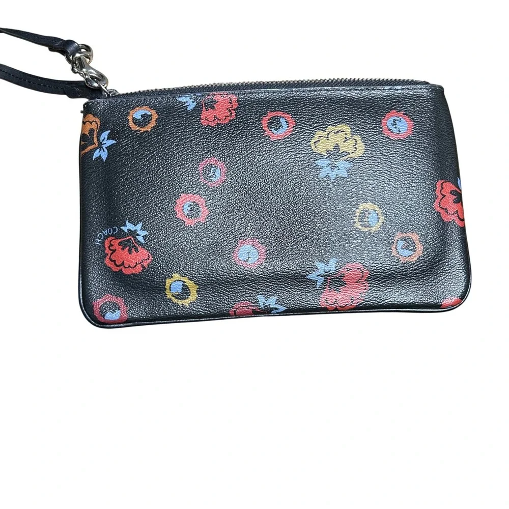Coach Primrose Floral Print Black‎ Pebbled Leather Wristlet Wallet